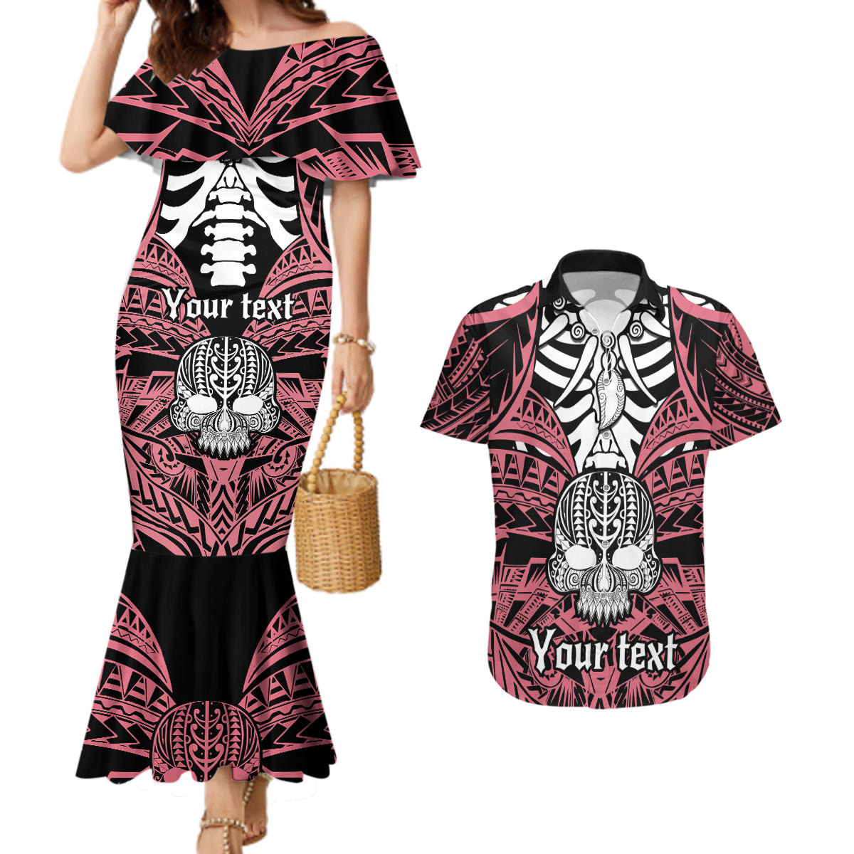 personalised-polynesia-skull-couples-matching-mermaid-dress-and-hawaiian-shirt-with-boars-tusk-pink-arty-vibe