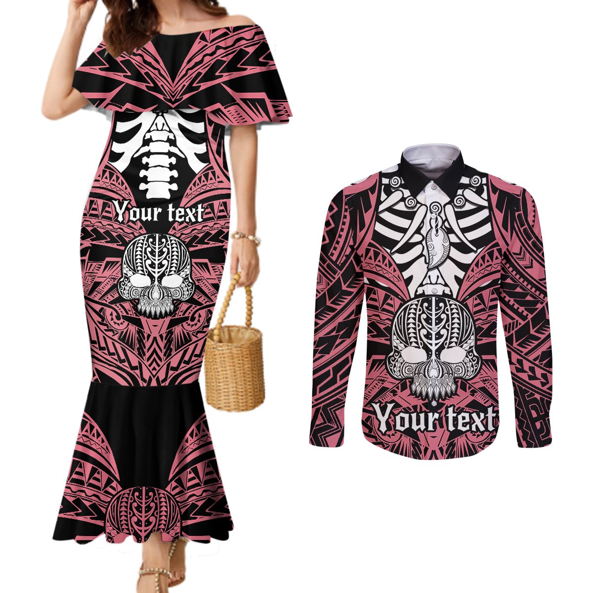 Personalised Polynesia Skull Couples Matching Mermaid Dress and Long Sleeve Button Shirts With Boars Tusk Pink Arty Vibe LT9 Pink - Polynesian Pride