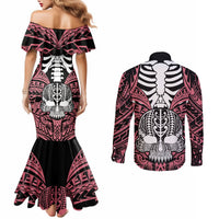 Personalised Polynesia Skull Couples Matching Mermaid Dress and Long Sleeve Button Shirts With Boars Tusk Pink Arty Vibe LT9 - Polynesian Pride