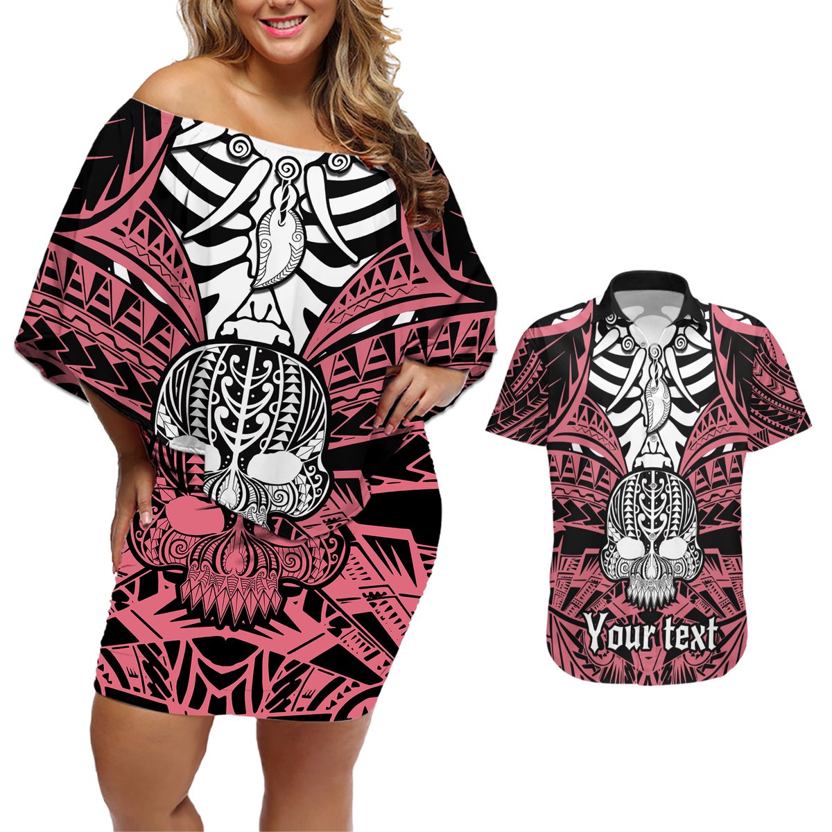 Personalised Polynesia Skull Couples Matching Off Shoulder Short Dress and Hawaiian Shirt With Boars Tusk Pink Arty Vibe LT9 Pink - Polynesian Pride