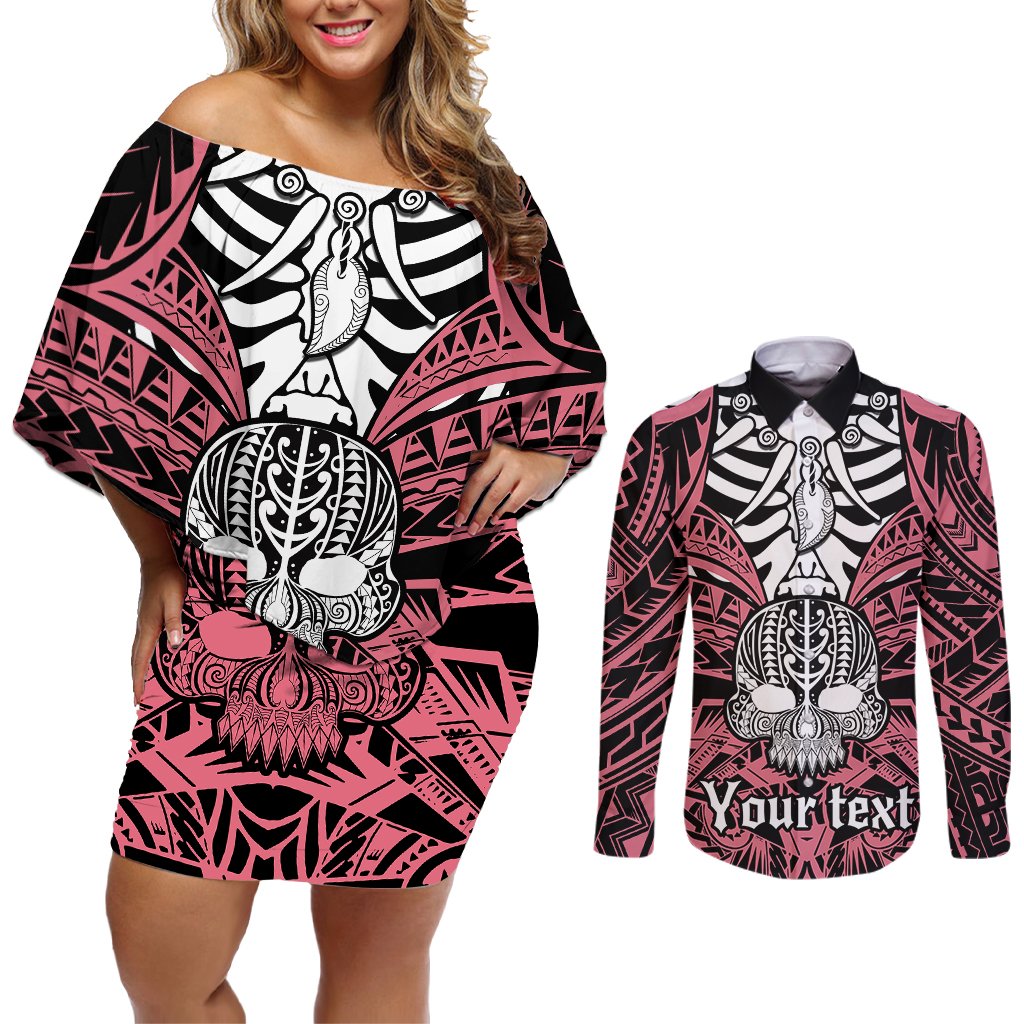 Personalised Polynesia Skull Couples Matching Off Shoulder Short Dress and Long Sleeve Button Shirts With Boars Tusk Pink Arty Vibe LT9 Pink - Polynesian Pride