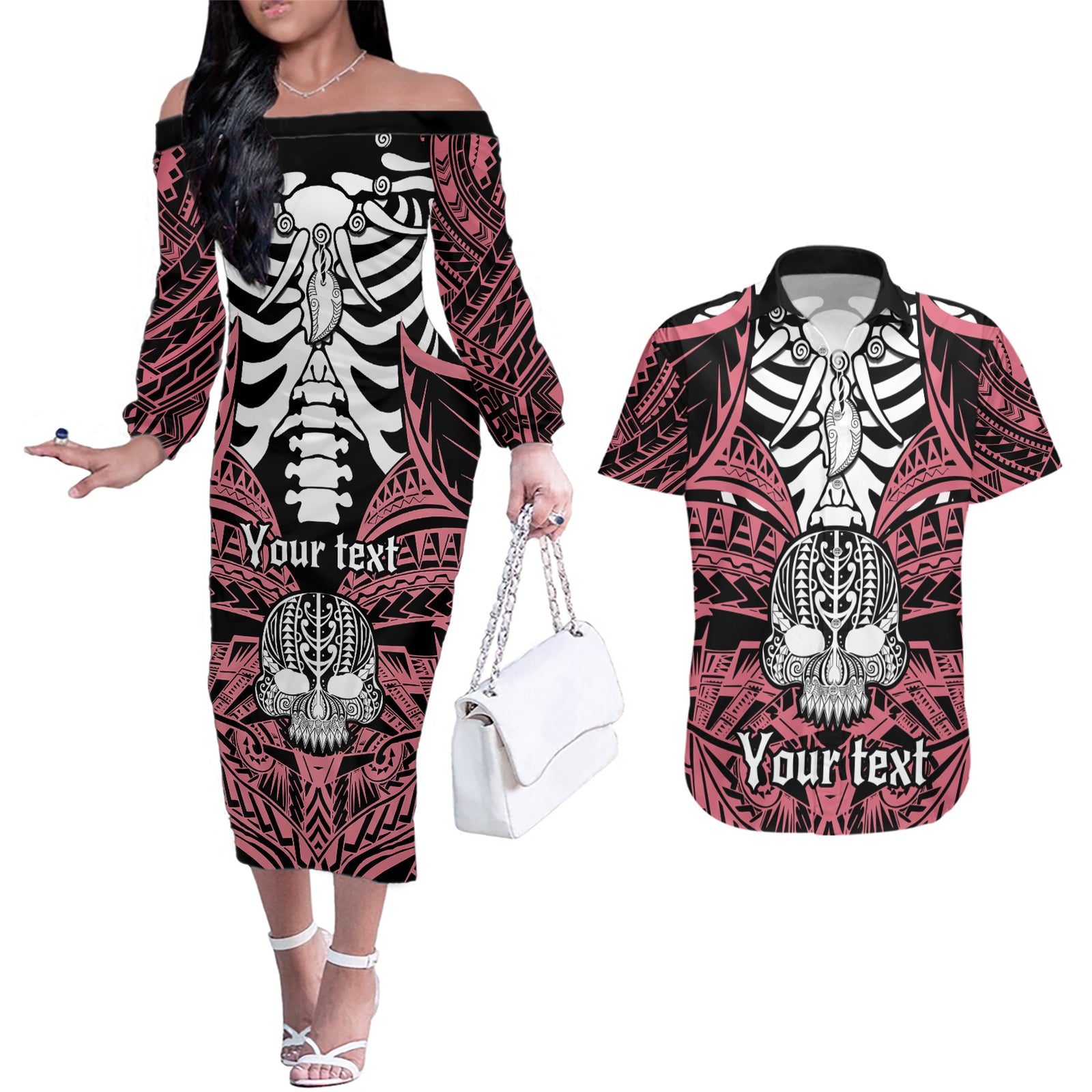 Personalised Polynesia Skull Couples Matching Off The Shoulder Long Sleeve Dress and Hawaiian Shirt With Boars Tusk Pink Arty Vibe LT9 Pink - Polynesian Pride