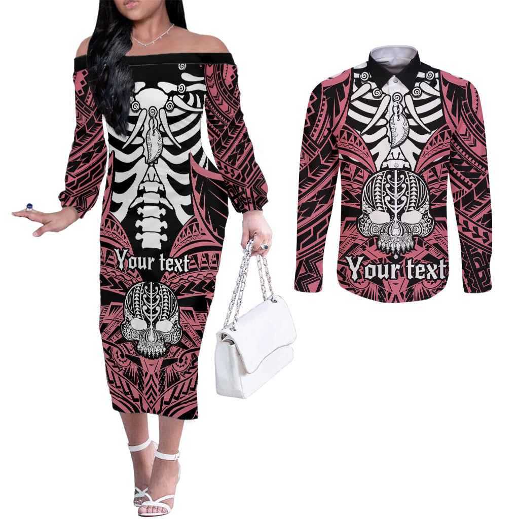 Personalised Polynesia Skull Couples Matching Off The Shoulder Long Sleeve Dress and Long Sleeve Button Shirts With Boars Tusk Pink Arty Vibe LT9 Pink - Polynesian Pride