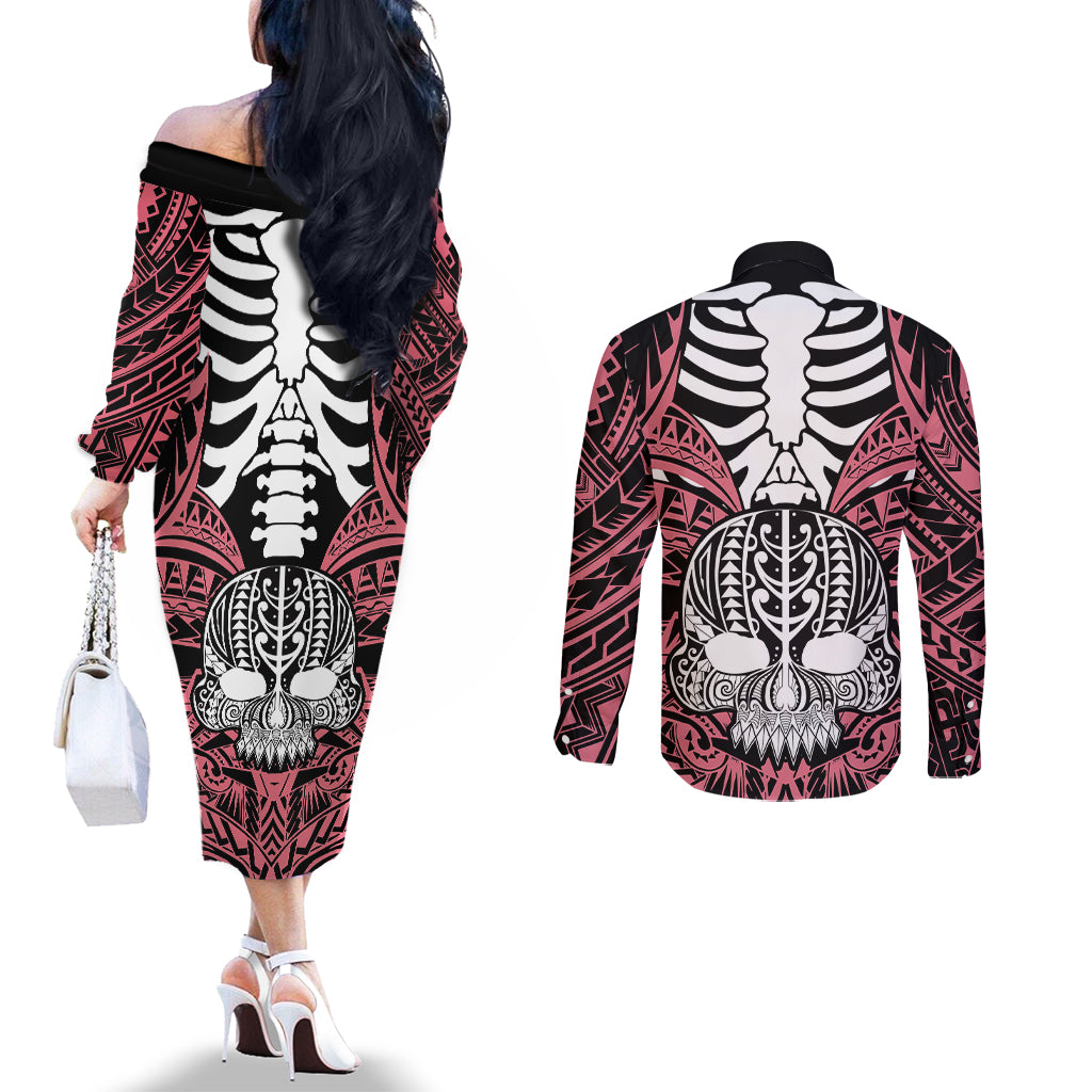 Personalised Polynesia Skull Couples Matching Off The Shoulder Long Sleeve Dress and Long Sleeve Button Shirts With Boars Tusk Pink Arty Vibe LT9 - Polynesian Pride