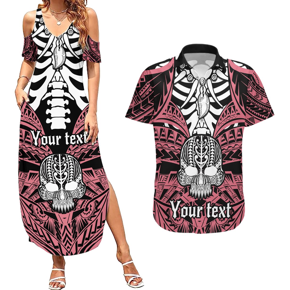 Personalised Polynesia Skull Couples Matching Summer Maxi Dress and Hawaiian Shirt With Boars Tusk Pink Arty Vibe LT9 Pink - Polynesian Pride