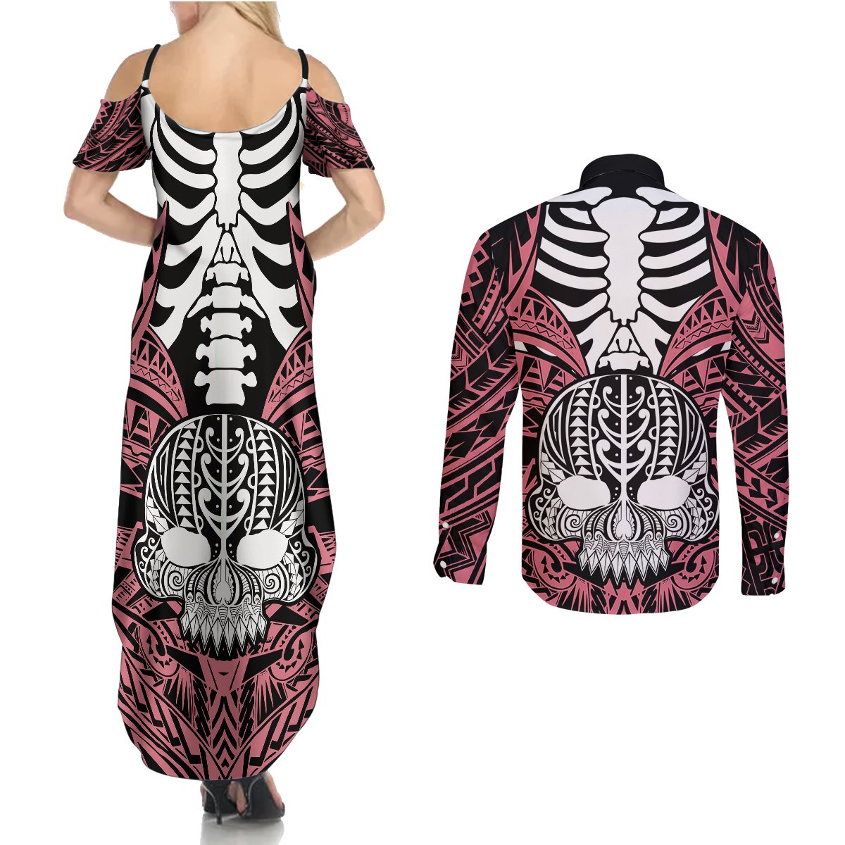 Personalised Polynesia Skull Couples Matching Summer Maxi Dress and Long Sleeve Button Shirts With Boars Tusk Pink Arty Vibe LT9 - Polynesian Pride