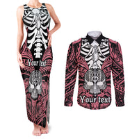 Personalised Polynesia Skull Couples Matching Tank Maxi Dress and Long Sleeve Button Shirts With Boars Tusk Pink Arty Vibe LT9 Pink - Polynesian Pride