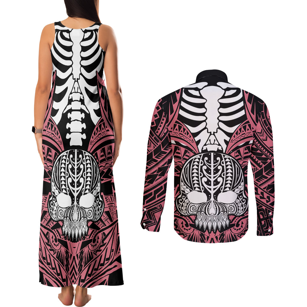 Personalised Polynesia Skull Couples Matching Tank Maxi Dress and Long Sleeve Button Shirts With Boars Tusk Pink Arty Vibe LT9 - Polynesian Pride