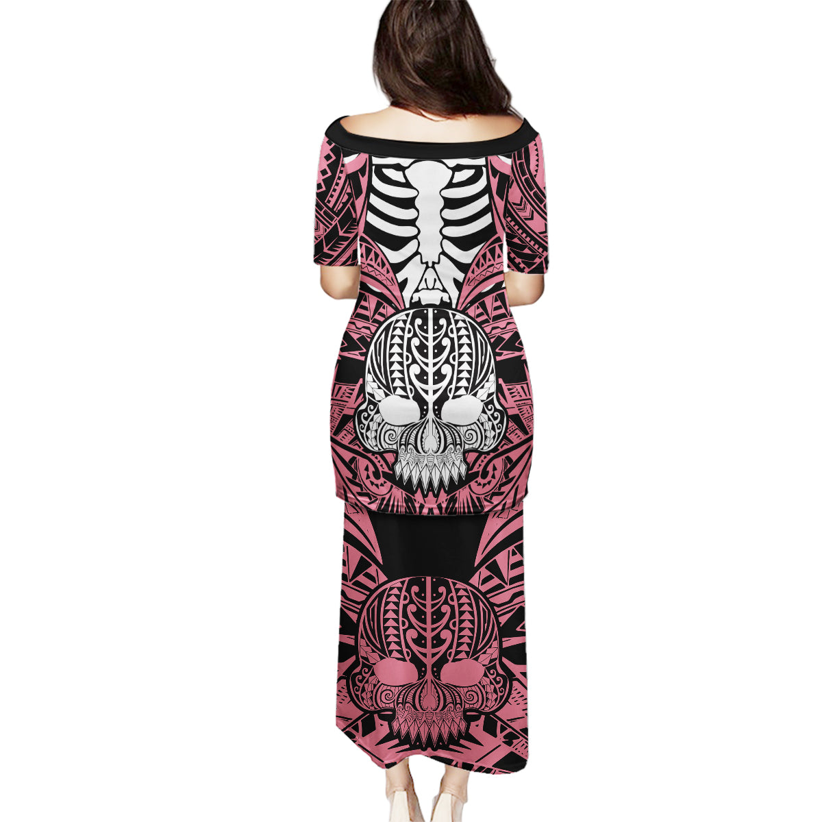 Personalised Polynesia Skull Family Matching Puletasi Dress and Hawaiian Shirt With Boars Tusk Pink Arty Vibe LT9 - Polynesian Pride