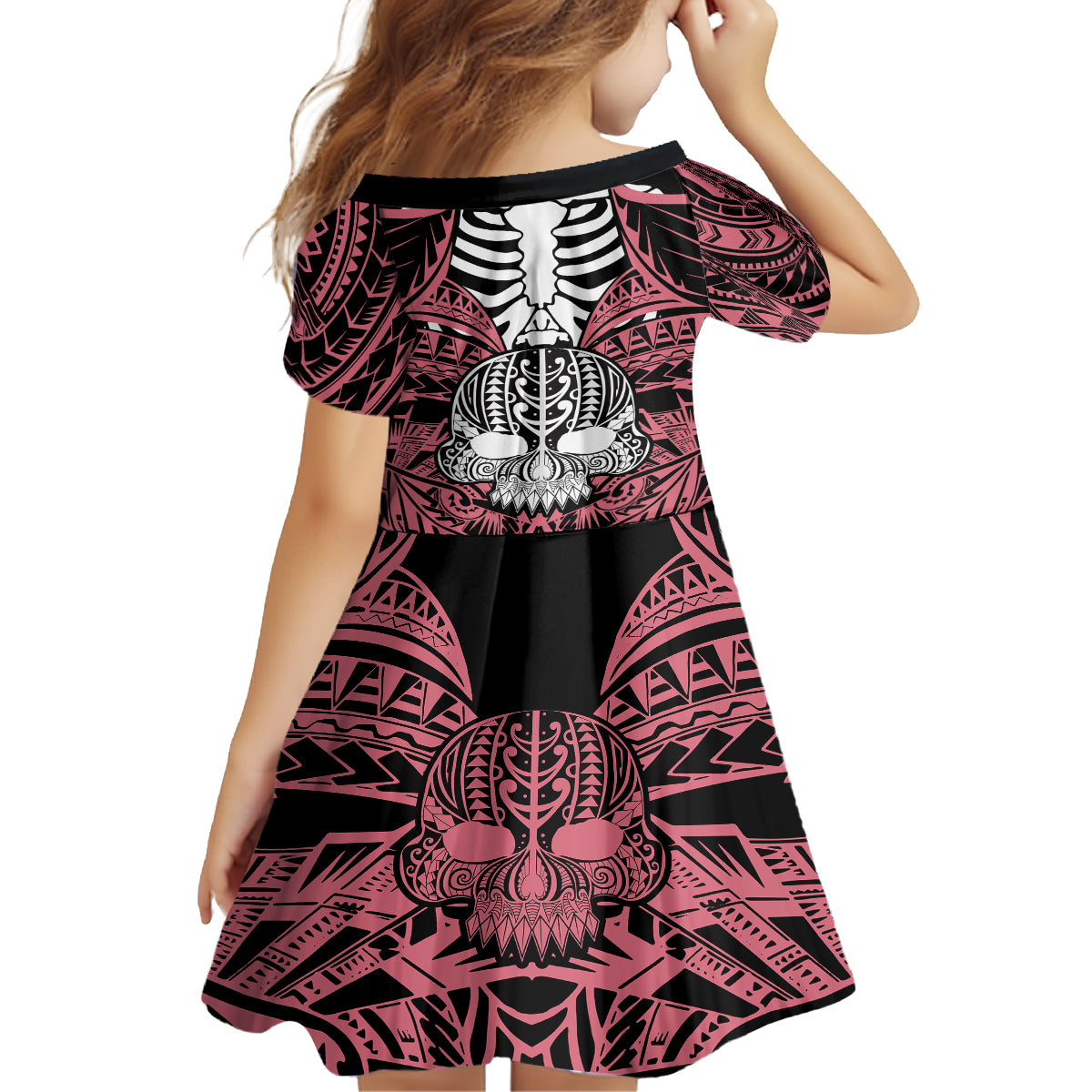 personalised-polynesia-skull-kid-short-sleeve-dress-with-boars-tusk-pink-arty-vibe