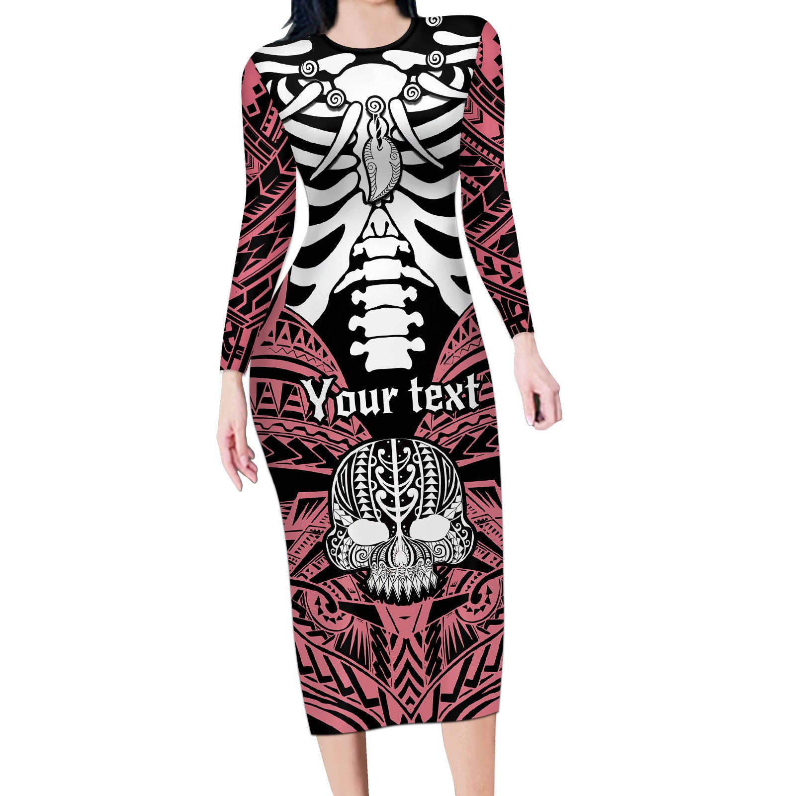 personalised-polynesia-skull-long-sleeve-bodycon-dress-with-boars-tusk-pink-arty-vibe