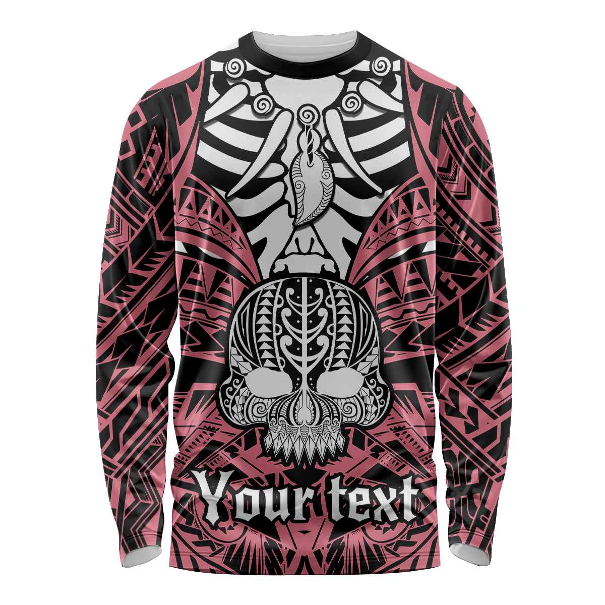 Personalised Polynesia Skull Long Sleeve Shirt With Boars Tusk Pink Arty Vibe LT9 Unisex Pink - Polynesian Pride