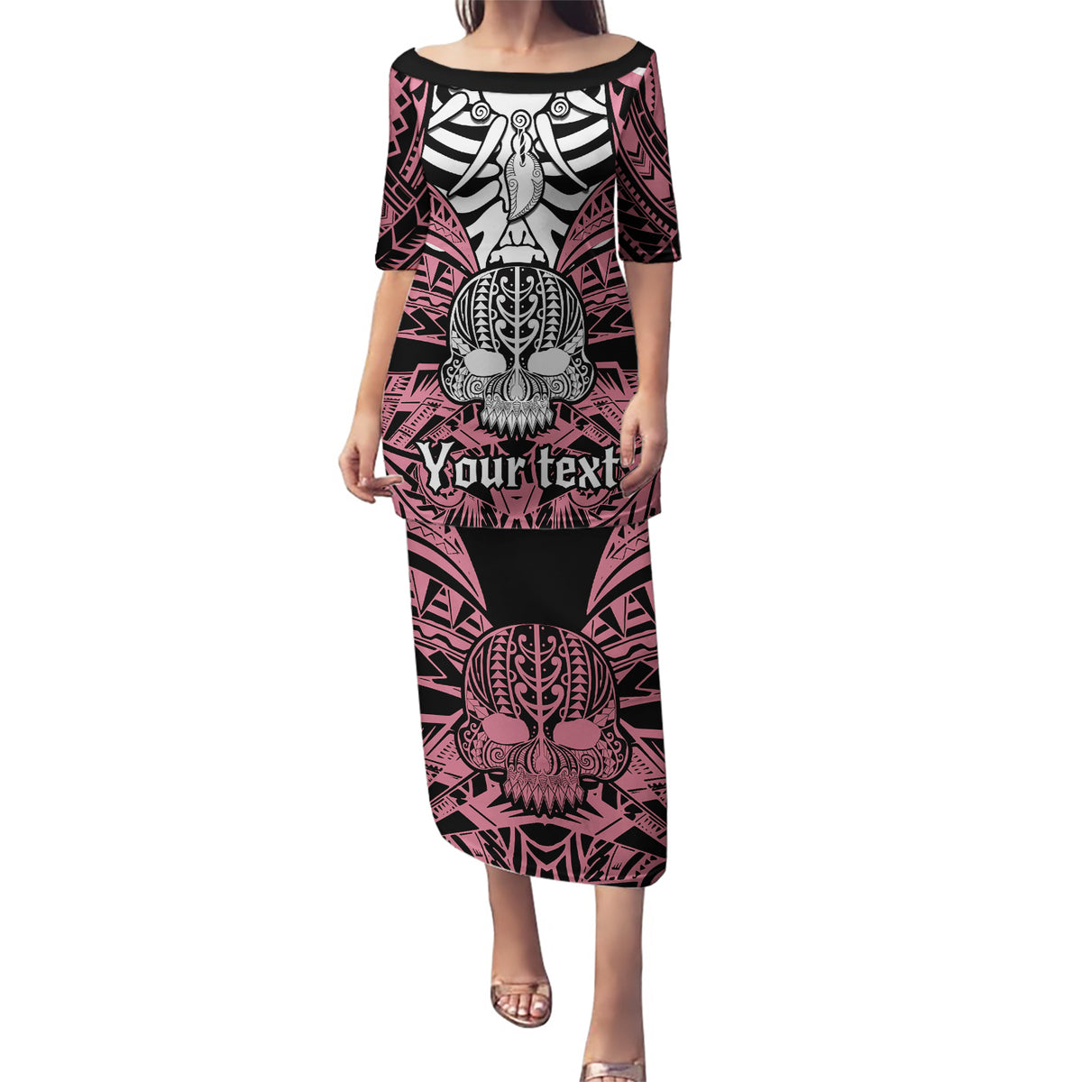 Personalised Polynesia Skull Puletasi With Boars Tusk Pink Arty Vibe LT9 Long Dress Pink - Polynesian Pride