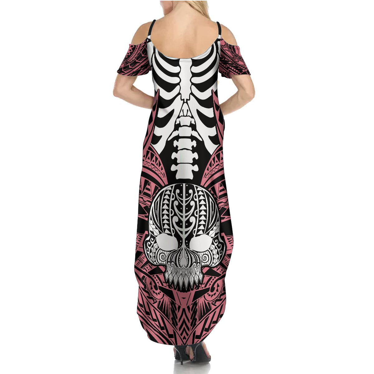 Personalised Polynesia Skull Summer Maxi Dress With Boars Tusk Pink Arty Vibe LT9 - Polynesian Pride