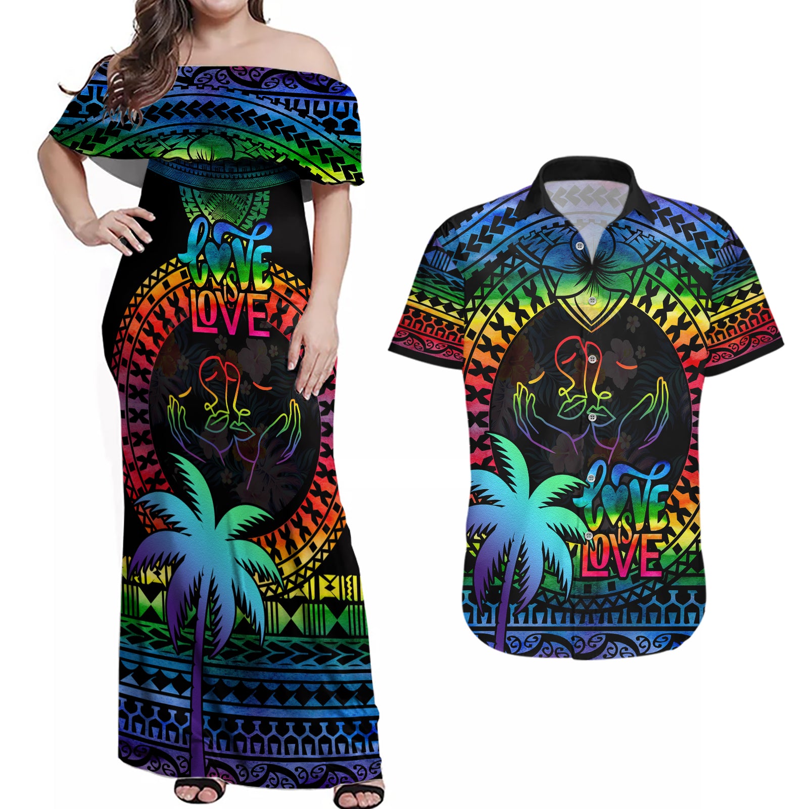 fiji-lgbt-couples-matching-off-shoulder-maxi-dress-and-hawaiian-shirt-love-is-love-tapa-pattern-rainbow-water-color