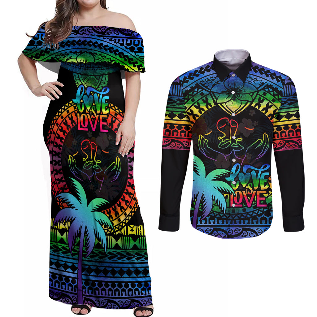 fiji-lgbt-couples-matching-off-shoulder-maxi-dress-and-long-sleeve-button-shirts-love-is-love-tapa-pattern-rainbow-water-color