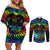 fiji-lgbt-couples-matching-off-shoulder-short-dress-and-long-sleeve-button-shirts-love-is-love-tapa-pattern-rainbow-water-color