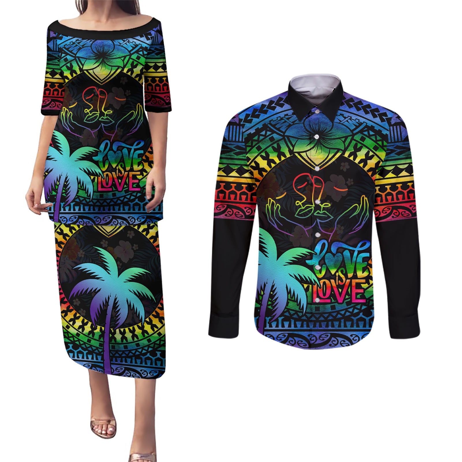 fiji-lgbt-couples-matching-puletasi-dress-and-long-sleeve-button-shirts-love-is-love-tapa-pattern-rainbow-water-color