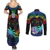 fiji-lgbt-couples-matching-summer-maxi-dress-and-long-sleeve-button-shirts-love-is-love-tapa-pattern-rainbow-water-color