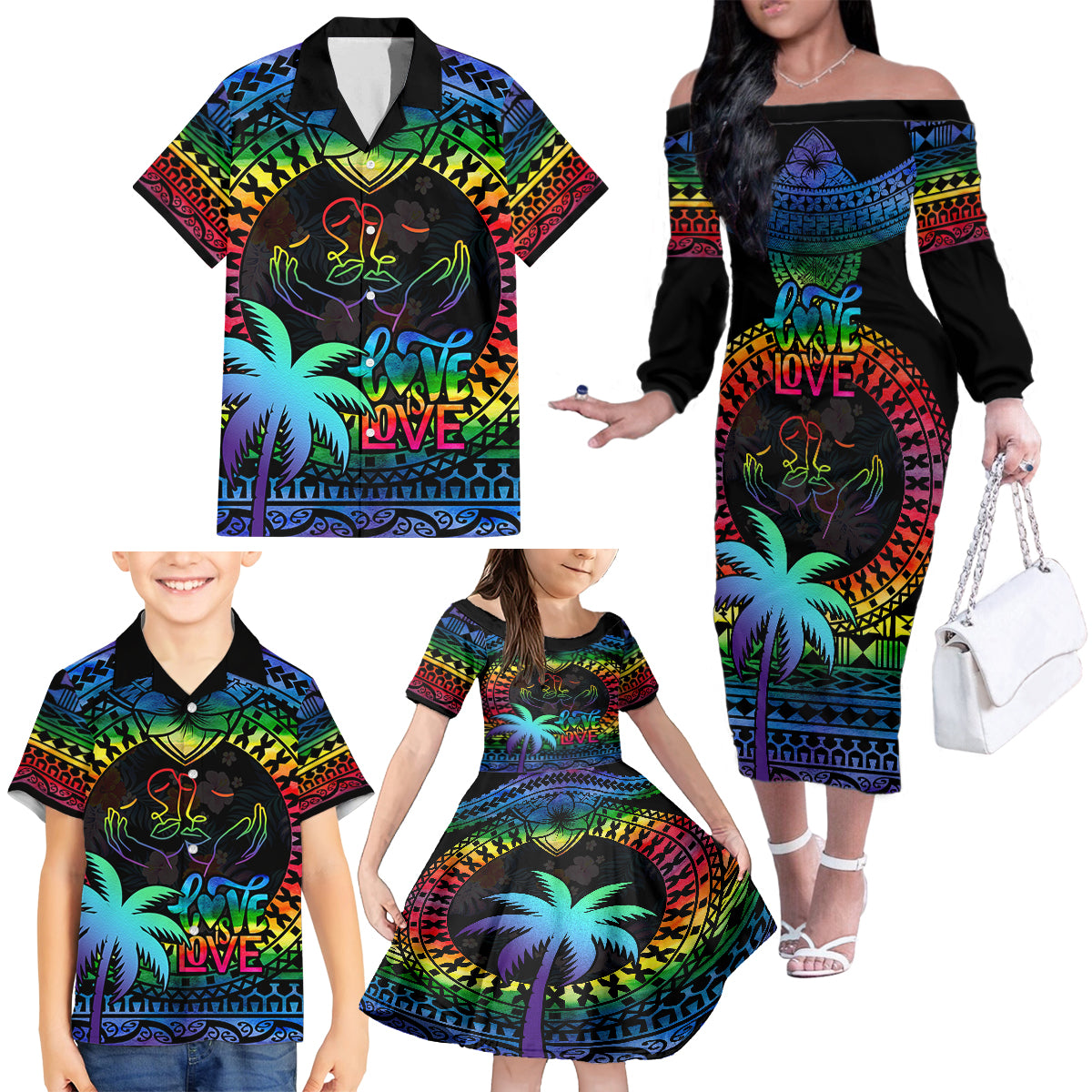 fiji-lgbt-family-matching-off-shoulder-long-sleeve-dress-and-hawaiian-shirt-love-is-love-tapa-pattern-rainbow-water-color