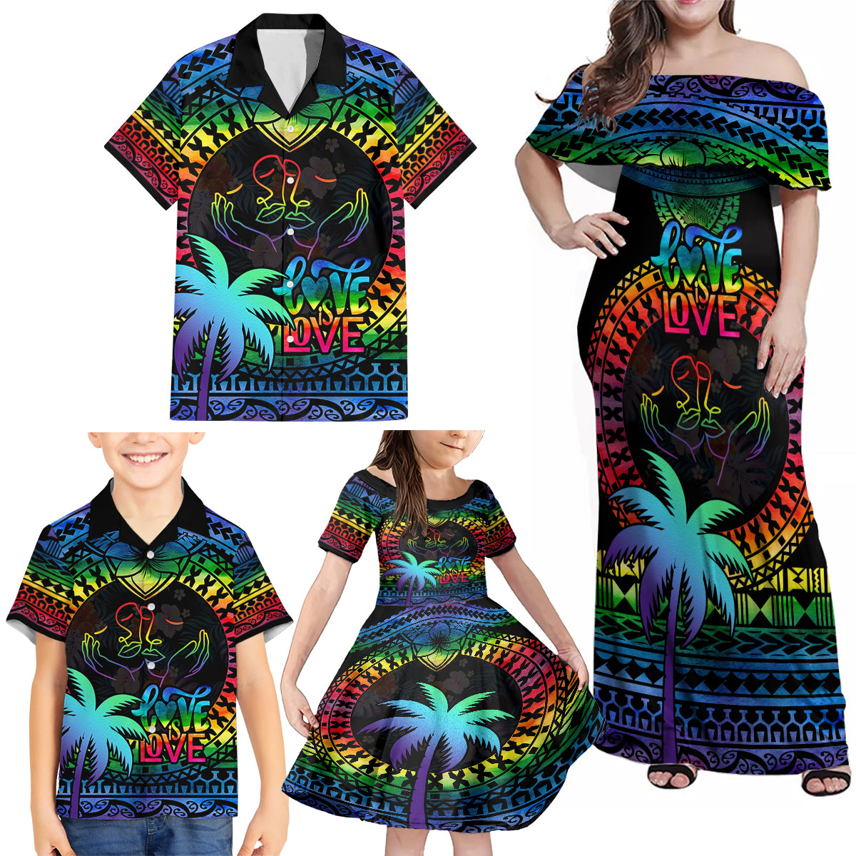 fiji-lgbt-family-matching-off-shoulder-maxi-dress-and-hawaiian-shirt-love-is-love-tapa-pattern-rainbow-water-color