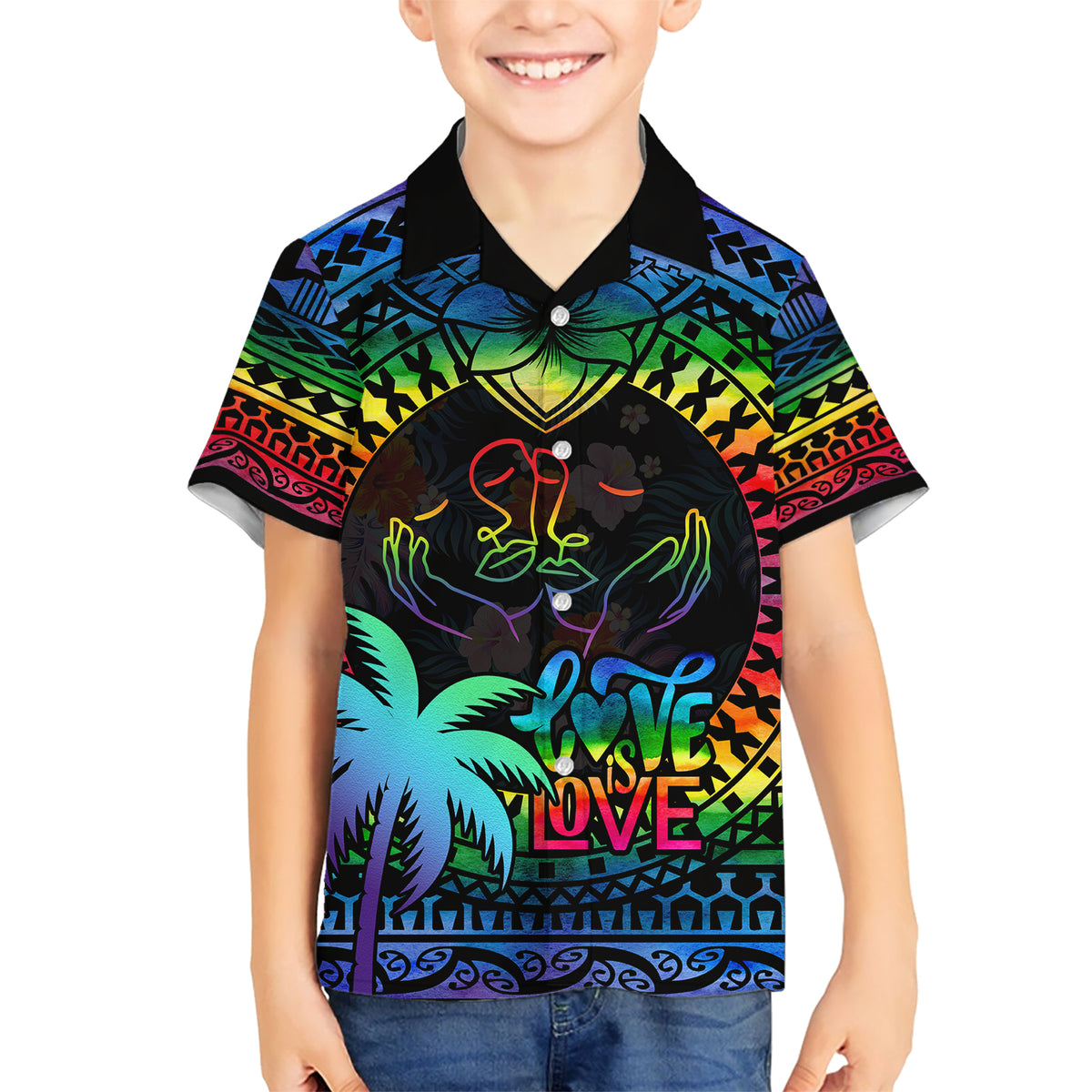 Fiji LGBT Kid Hawaiian Shirt Love Is Love Tapa Pattern Rainbow Water Color LT9 Kid Black - Polynesian Pride