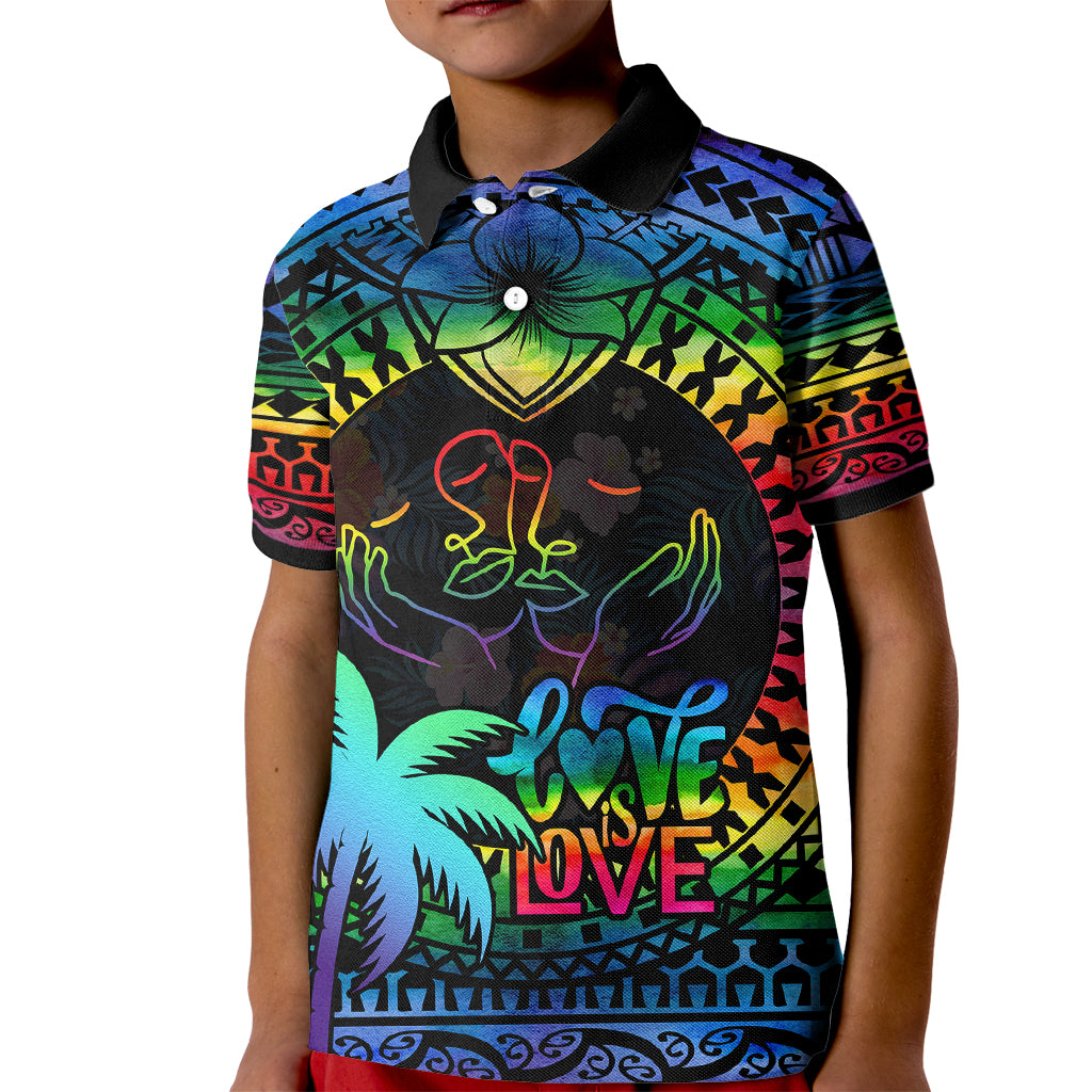 Fiji LGBT Kid Polo Shirt Love Is Love Tapa Pattern Rainbow Water Color LT9 Kid Black - Polynesian Pride