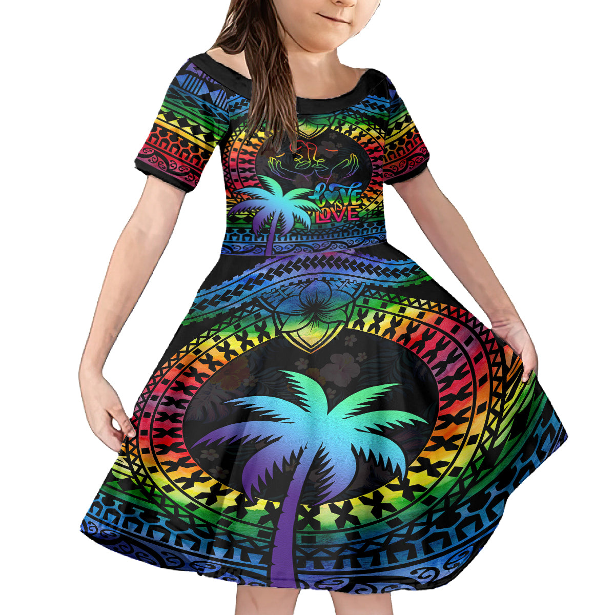 Fiji LGBT Kid Short Sleeve Dress Love Is Love Tapa Pattern Rainbow Water Color LT9 KID Black - Polynesian Pride
