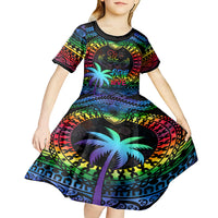 Fiji LGBT Kid Short Sleeve Dress Love Is Love Tapa Pattern Rainbow Water Color LT9 - Polynesian Pride