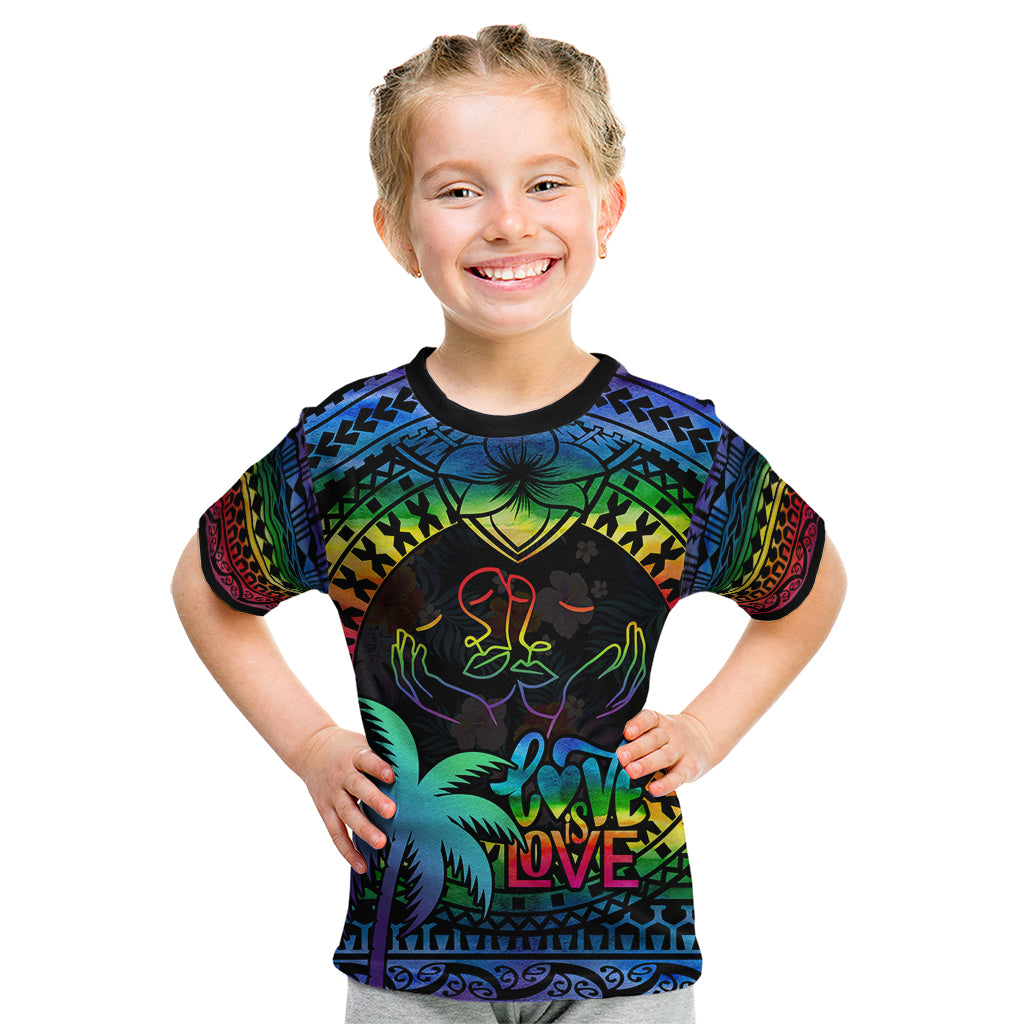 Fiji LGBT Kid T Shirt Love Is Love Tapa Pattern Rainbow Water Color LT9 Black - Polynesian Pride