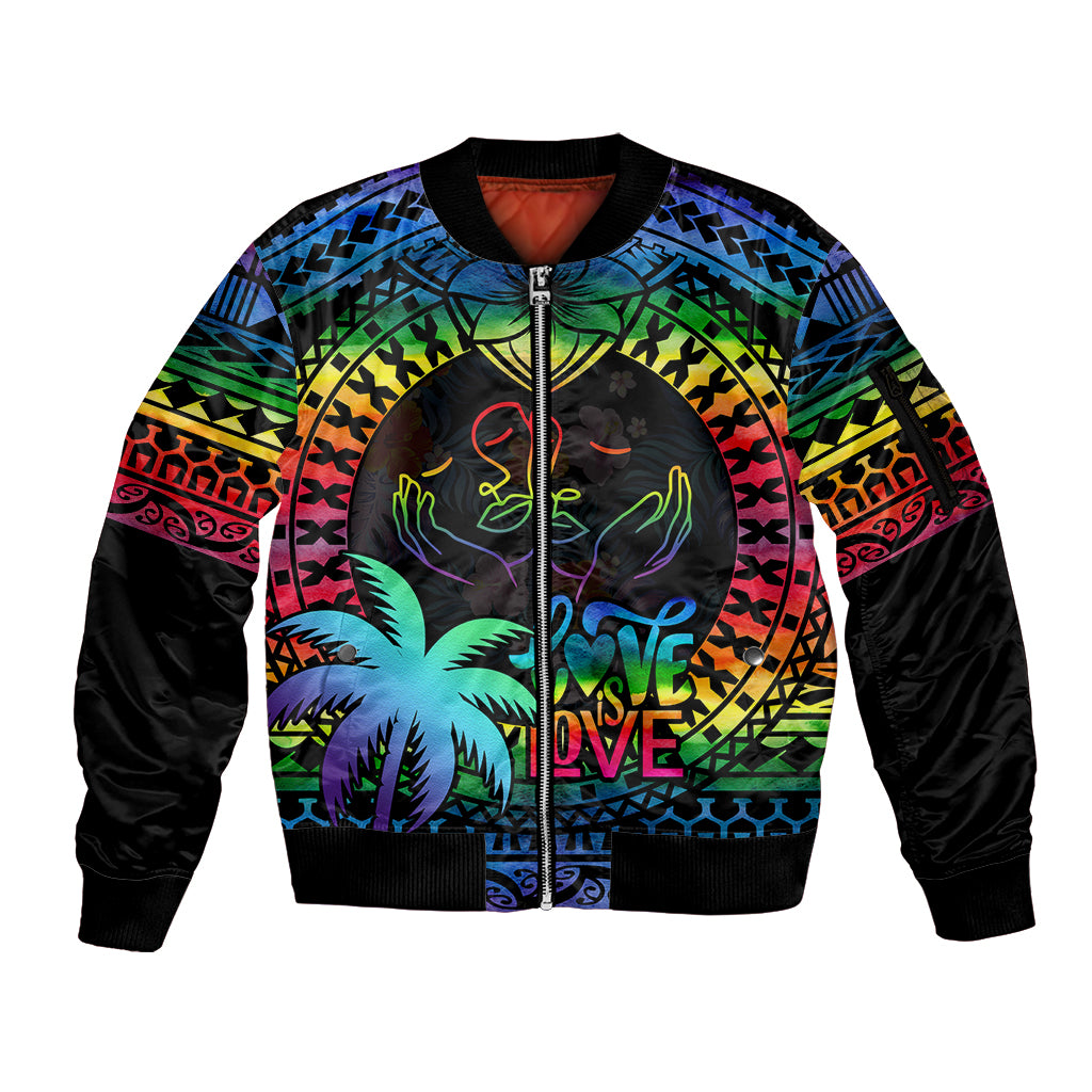 Fiji LGBT Sleeve Zip Bomber Jacket Love Is Love Tapa Pattern Rainbow Water Color LT9 Unisex Black - Polynesian Pride