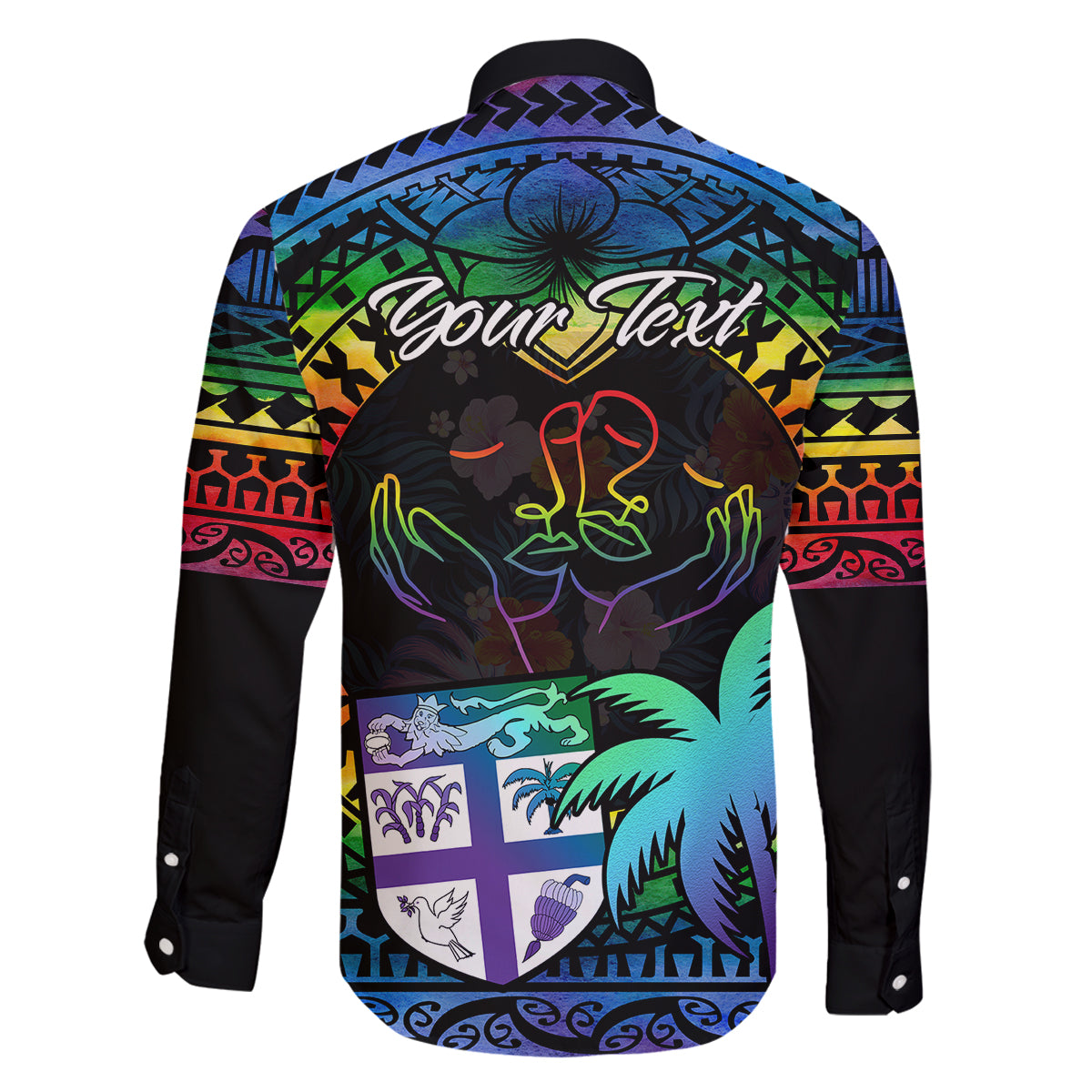 personalised-fiji-lgbt-family-matching-long-sleeve-bodycon-dress-and-hawaiian-shirt-love-is-love-tapa-pattern-rainbow-water-color