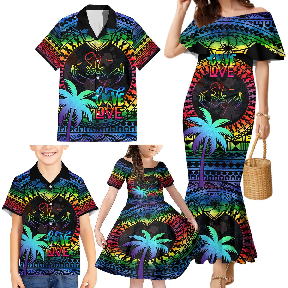 personalised-fiji-lgbt-family-matching-mermaid-dress-and-hawaiian-shirt-love-is-love-tapa-pattern-rainbow-water-color