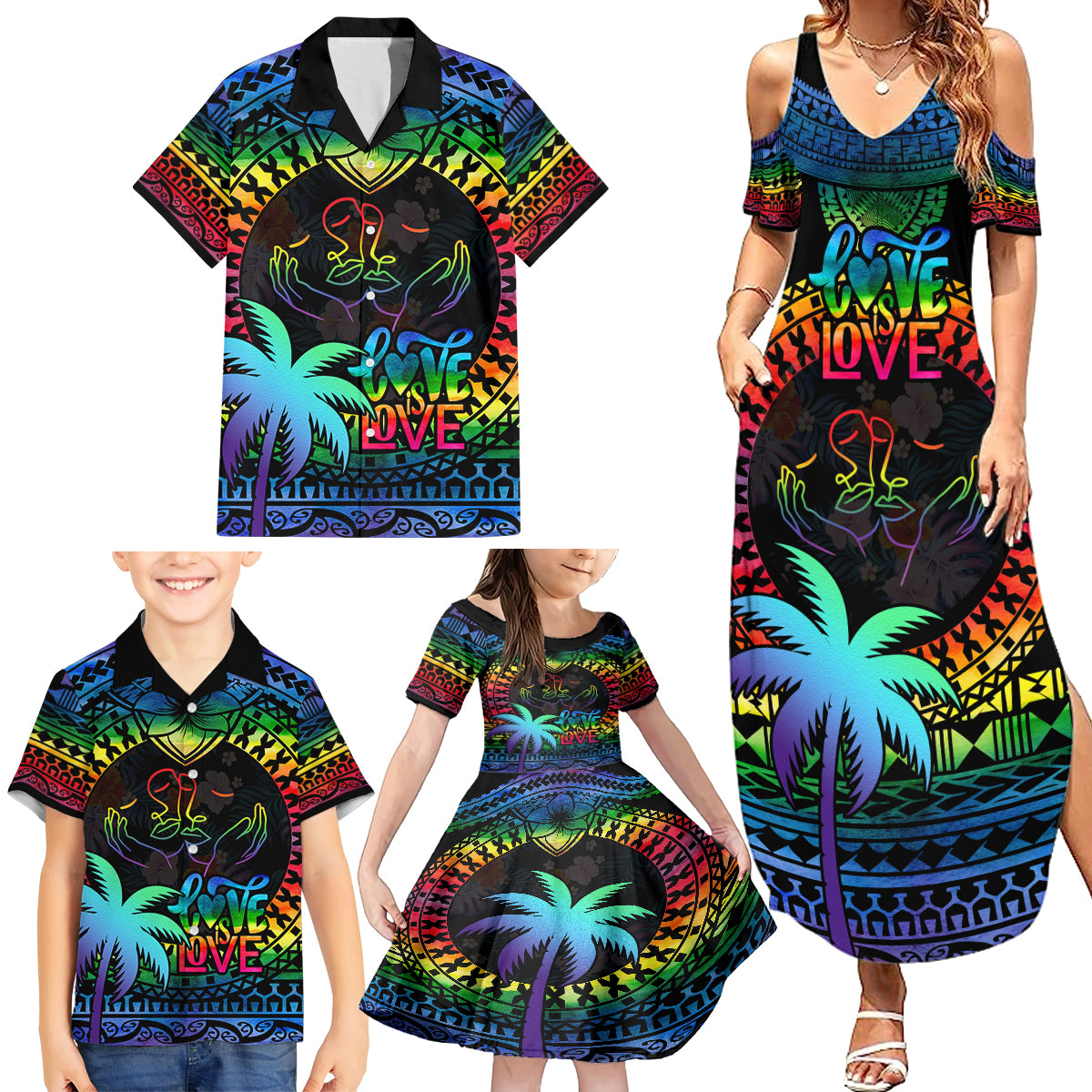 personalised-fiji-lgbt-family-matching-summer-maxi-dress-and-hawaiian-shirt-love-is-love-tapa-pattern-rainbow-water-color