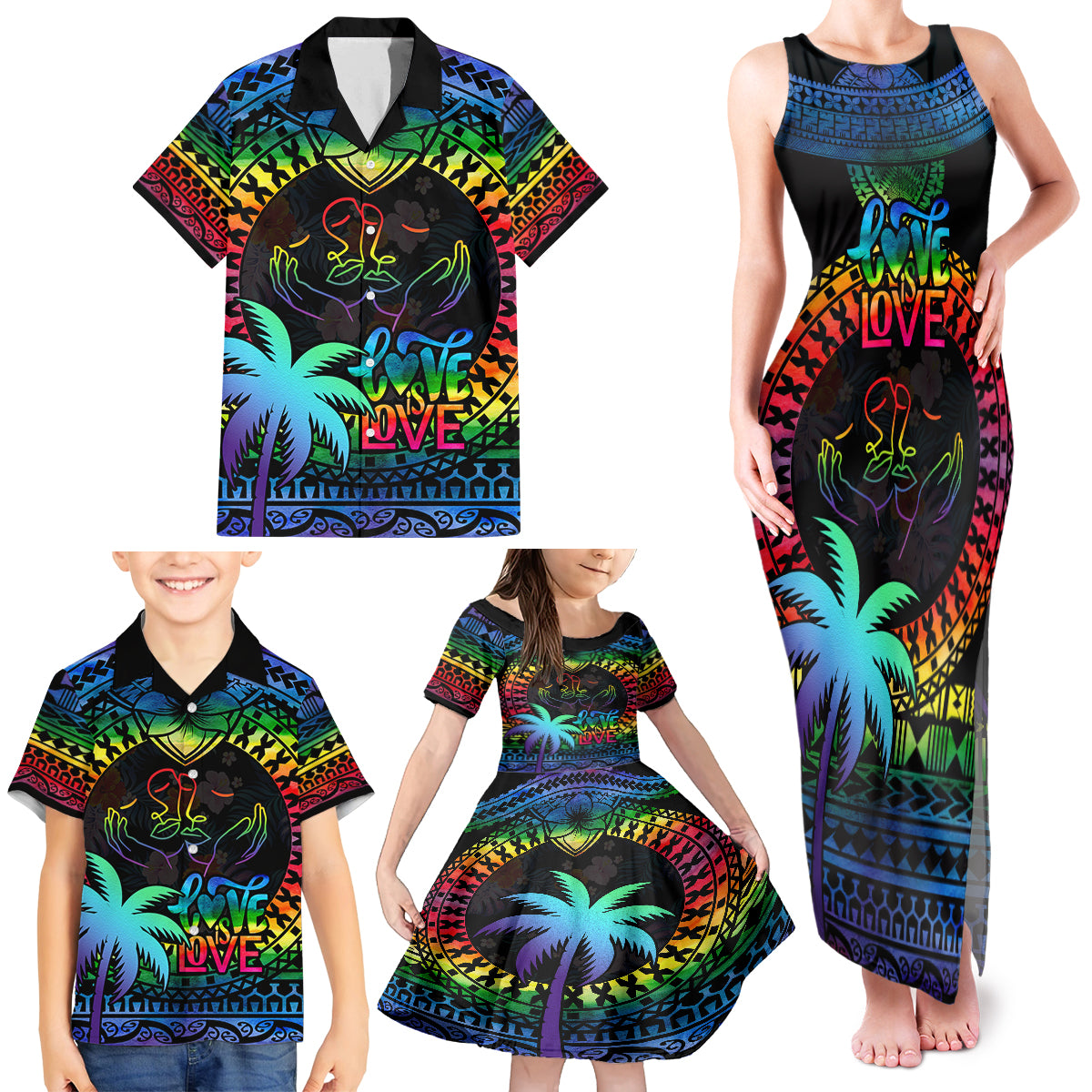 personalised-fiji-lgbt-family-matching-tank-maxi-dress-and-hawaiian-shirt-love-is-love-tapa-pattern-rainbow-water-color