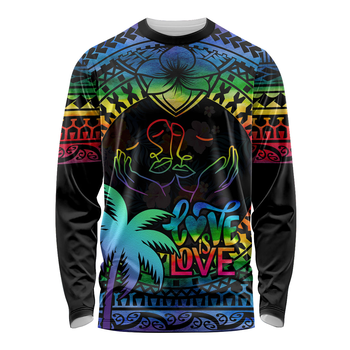 Personalised Fiji LGBT Long Sleeve Shirt Love Is Love Tapa Pattern Rainbow Water Color LT9 Unisex Black - Polynesian Pride