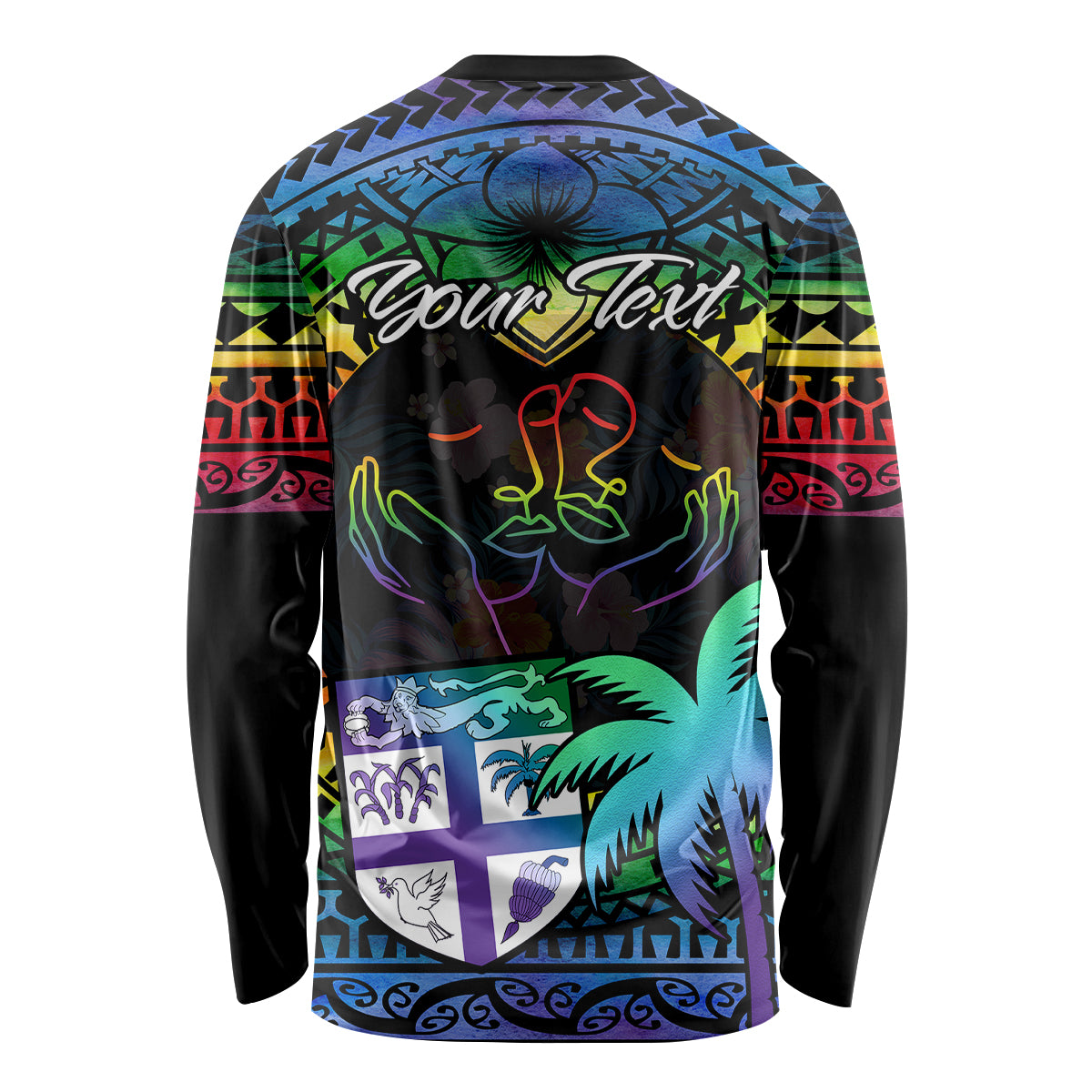 Personalised Fiji LGBT Long Sleeve Shirt Love Is Love Tapa Pattern Rainbow Water Color LT9 - Polynesian Pride