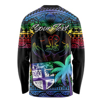 Personalised Fiji LGBT Long Sleeve Shirt Love Is Love Tapa Pattern Rainbow Water Color LT9 - Polynesian Pride