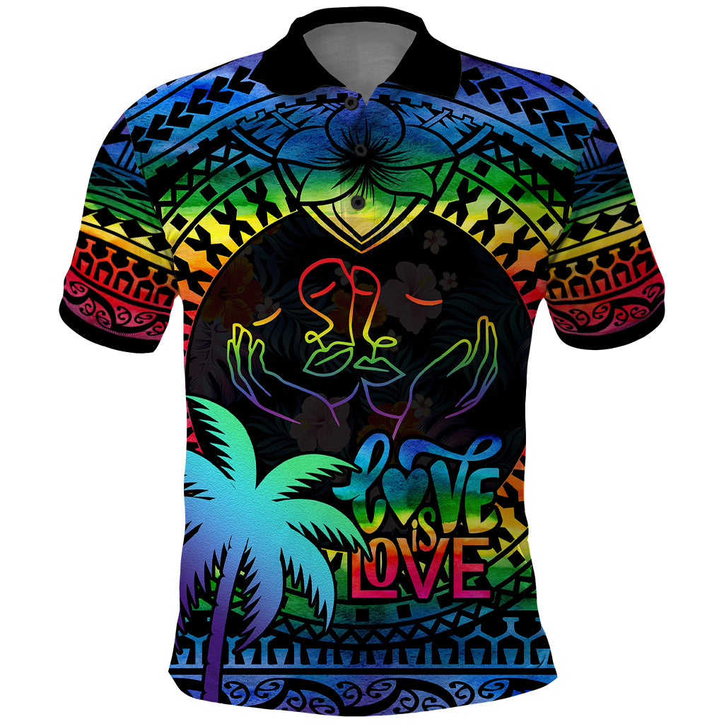 Personalised Fiji LGBT Polo Shirt Love Is Love Tapa Pattern Rainbow Water Color LT9 Black - Polynesian Pride