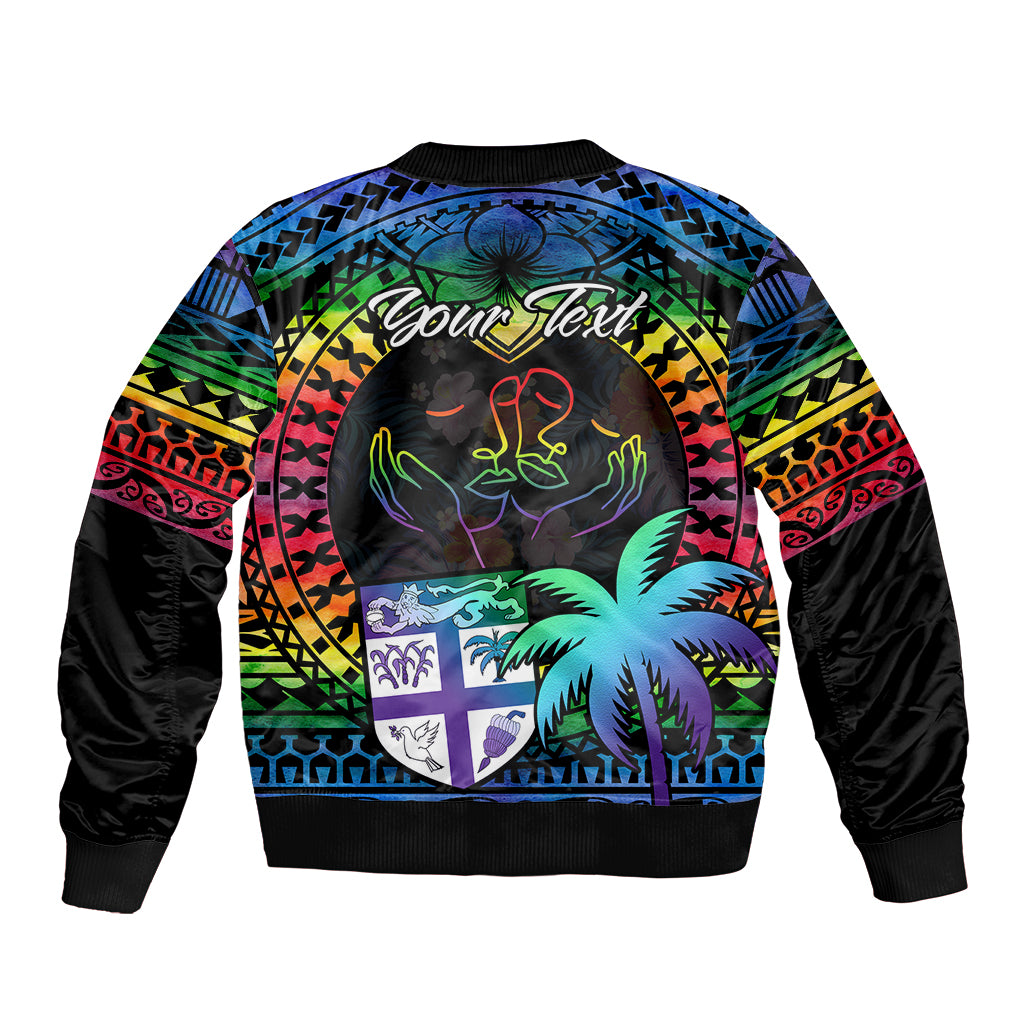 Personalised Fiji LGBT Sleeve Zip Bomber Jacket Love Is Love Tapa Pattern Rainbow Water Color LT9 - Polynesian Pride