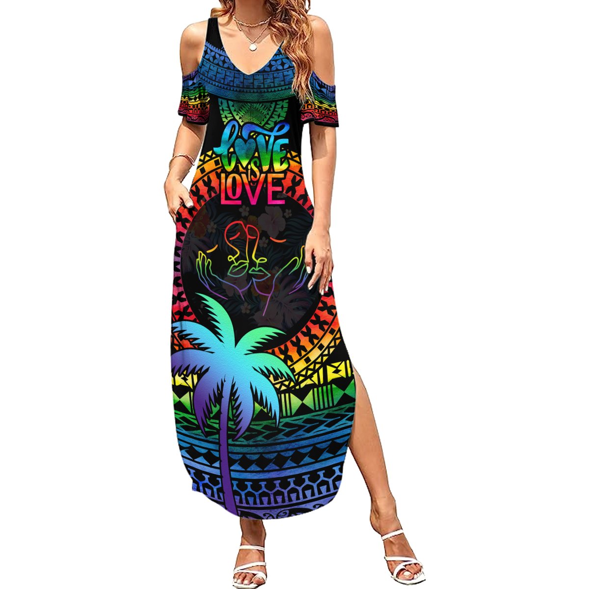 Personalised Fiji LGBT Summer Maxi Dress Love Is Love Tapa Pattern Rainbow Water Color LT9 Women Black - Polynesian Pride
