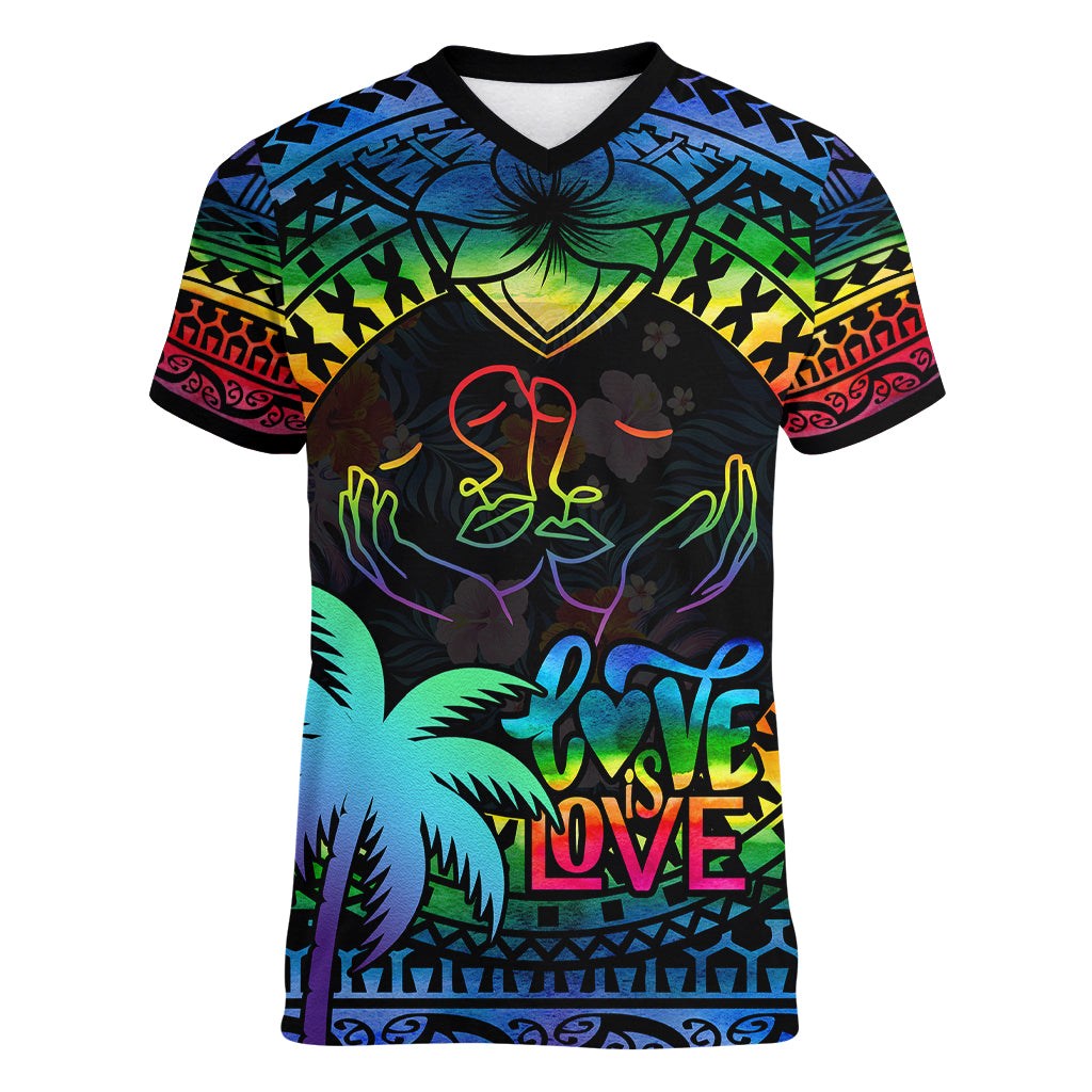 personalised-fiji-lgbt-women-v-neck-t-shirt-love-is-love-tapa-pattern-rainbow-water-color