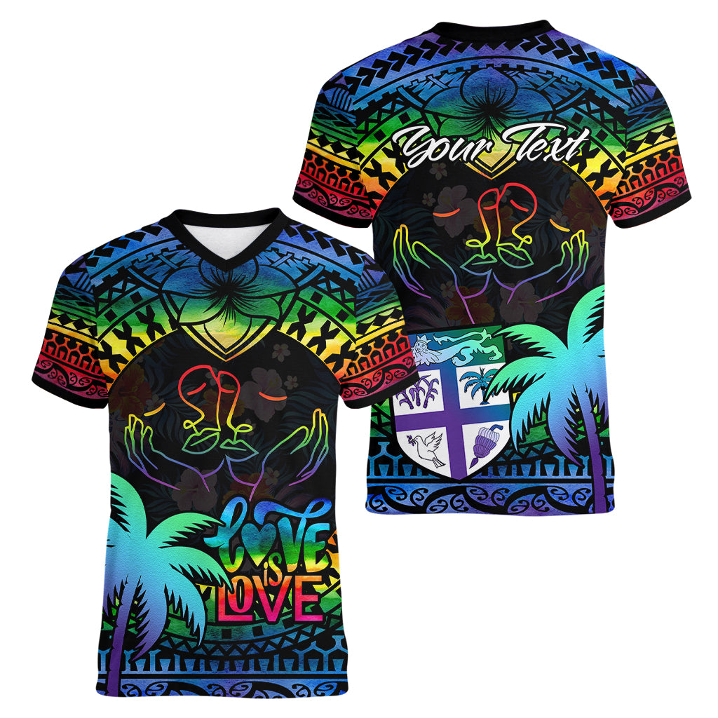 personalised-fiji-lgbt-women-v-neck-t-shirt-love-is-love-tapa-pattern-rainbow-water-color