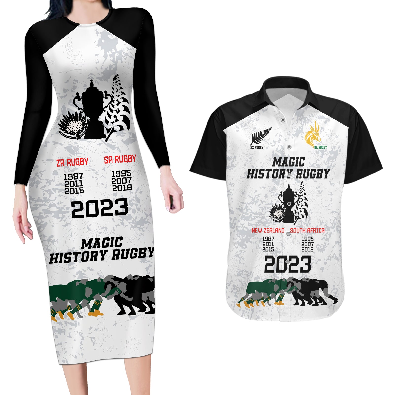 New Zealand South Africa Rugby Couples Matching Long Sleeve Bodycon Dress and Hawaiian Shirt History Commemorative World Cup Winners Unique LT9 White - Polynesian Pride