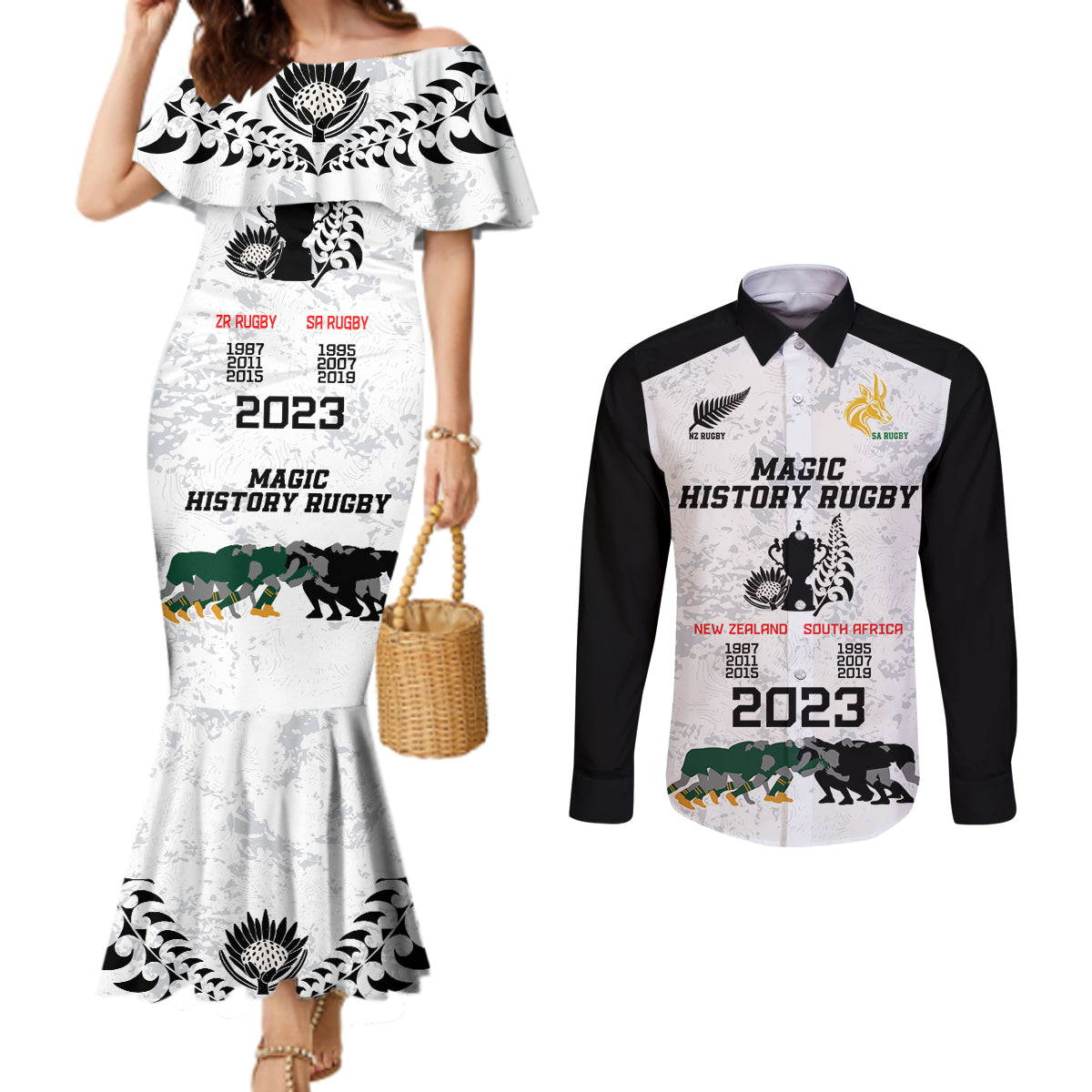 New Zealand South Africa Rugby Couples Matching Mermaid Dress and Long Sleeve Button Shirt History Commemorative World Cup Winners Unique LT9 White - Polynesian Pride