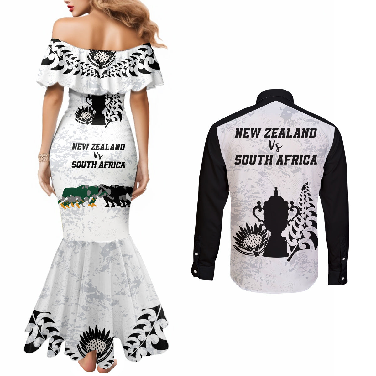 New Zealand South Africa Rugby Couples Matching Mermaid Dress and Long Sleeve Button Shirt History Commemorative World Cup Winners Unique LT9 - Polynesian Pride