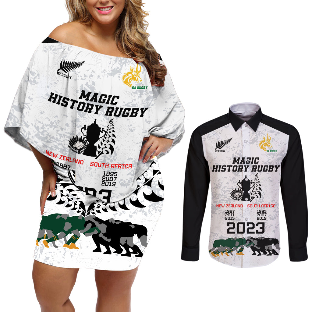 New Zealand South Africa Rugby Couples Matching Off Shoulder Short Dress and Long Sleeve Button Shirt History Commemorative World Cup Winners Unique LT9 White - Polynesian Pride