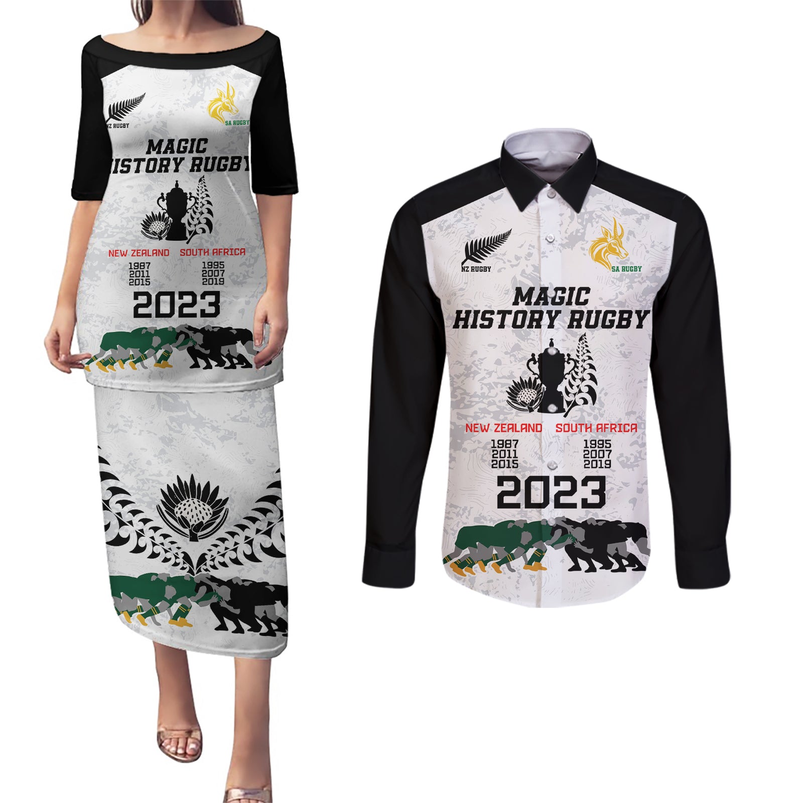 New Zealand South Africa Rugby Couples Matching Puletasi Dress and Long Sleeve Button Shirt History Commemorative World Cup Winners Unique LT9 White - Polynesian Pride