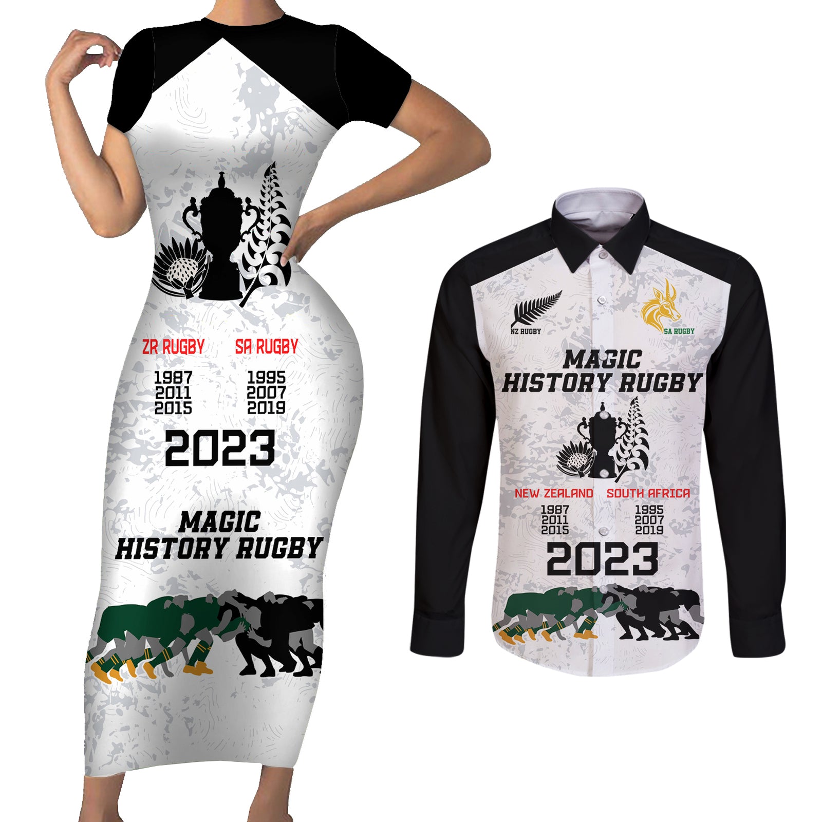 New Zealand South Africa Rugby Couples Matching Short Sleeve Bodycon Dress and Long Sleeve Button Shirt History Commemorative World Cup Winners Unique LT9 White - Polynesian Pride