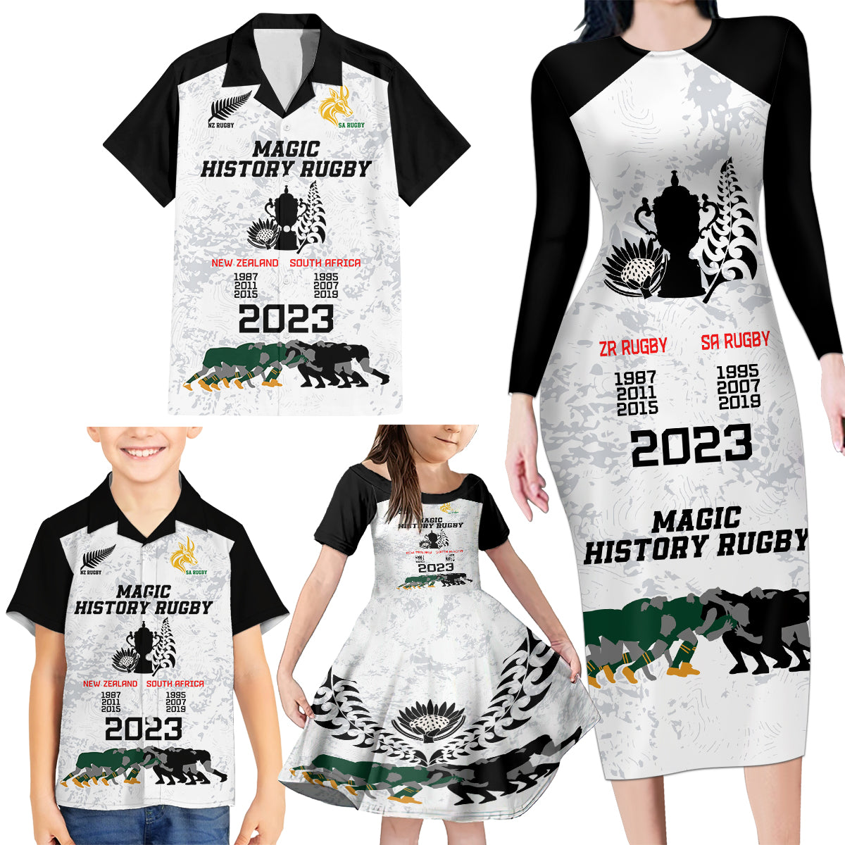 New Zealand South Africa Rugby Family Matching Long Sleeve Bodycon Dress and Hawaiian Shirt History Commemorative World Cup Winners Unique LT9 - Polynesian Pride